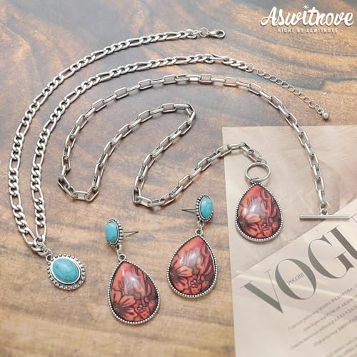 3 Pcs Western Turquoise Jewelry for Women Bohemian Set Cactus Turquoise Necklace Boho Dangle Earrings Country Concert Cowboy Chic Outfits for Women Jewelry Gifts Xmas Stocking Stuffers - color: Silver