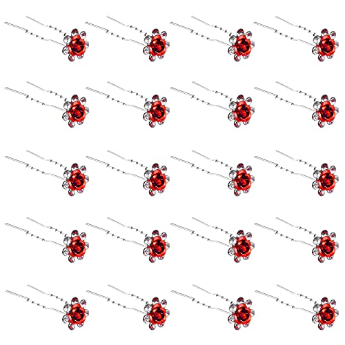 QIUTIMIY 20 Pack (Red) Crystal Hair Pins Rose Flower Rhinestone Hair Clips for Bridal Wedding Women Hair Jewelry Accessories, with Clear Container - color: Rose Flower-Red