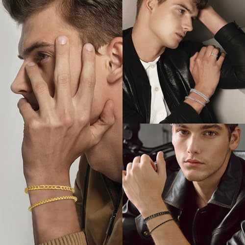 XIANNVXI 6pcs Bracelets for Men Gifts for Him Stainless Steel Bracelet Silver/Gold/Black Cuban Link Rope Paperclip Chain Bracelets Set 6.5/7/7.5/8.3/9 Inches Metal Bracelet Mens Fashion Accessories Jewelry Gifts Set - color: Silver, size: 9 in-Men Large