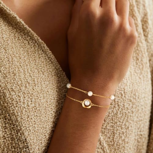 Pearl Bracelets for Women, Dainty 18K Gold Plated Pearl Beaded Bracelet Stack Trendy Thin Link Chain Charm Bracelets Set, Wedding Bridesmaid Mother Gifts Jewelry for Women