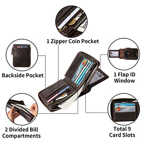 MING CLAN Leather RFID Blocking Bifold Wallet For Men With Zipper, Flap ID Window Zip Coin Pocket, Big Capacity Credit Card Holder For Travel - color: Coffee