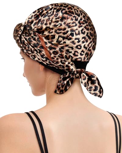 Protective Hair Wrap Scarf & Hair Net 2 in 1 - Satin Scarf with Net for Sleeping, Travel & After Silk Press - color: Classic Leopard