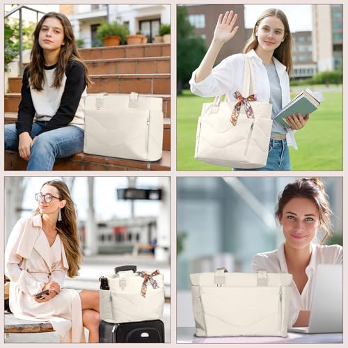 YFWE Puffer Tote Bag for women, Lightweight Tote Bag with Compartments for Work, Travel, School, Gym & Nurses - color: Cream