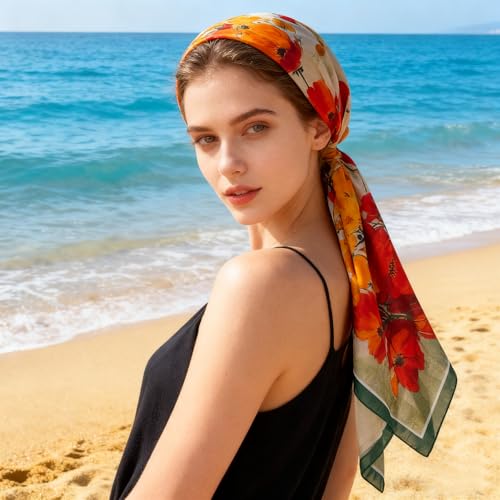 K-Elewon Large Square Scarf 43" Silk Scarf Fashion Scarves Silk Feeling Hair Wrapping Scarfs Night Sleeping Headscarf - color: Vb14