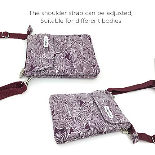 Roomy Cell Phone Purse Wallet Canvas Small Crossbody Purse Bags with Shoulder Strap For Women teen girlsl | Roomy - color: A-wine Red/Purple Leaves
