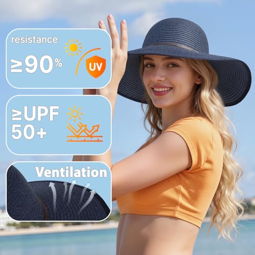 Sun Hats for Women, Straw Hats UPF 50+ Sun Protection, Wide Brim Womens Beach Hat for Summer Travel - color: Navy Blue