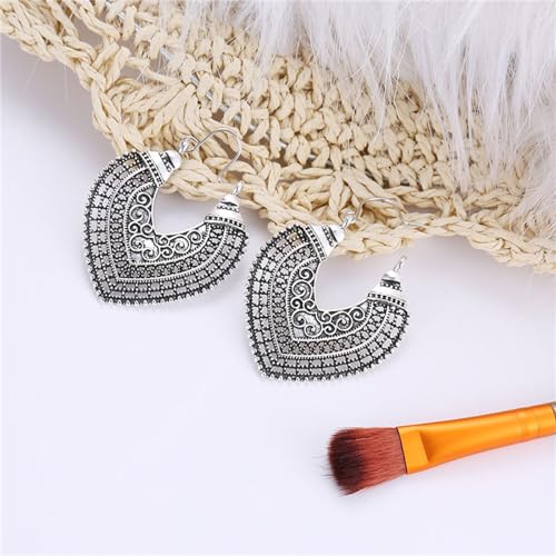 Boho Antique Carved Flower Dangle Drop Earrings for Women Vintage Retro Handmade Hollowed Antiqued Bronze Floral Shaped Geometric Gold Silver Plated Hoop Earrings for Ethnic Style Jewelry Gifts - color: Teardrop silver earring