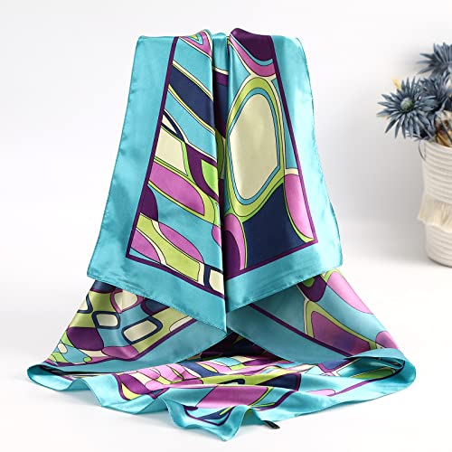 AWAYTR Satin Silk Scarf - Large Hair Bandana, Sleeping Wrap for Women - color: Elliptical Grid(blue)