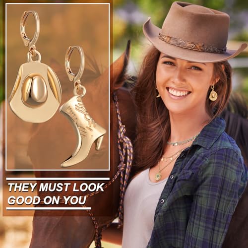 Ferreve 6 Pcs Western Cowgirl Necklace Earring Jewelry Set for Women, Western Cowgirl Layered Chain Necklace Boot Hat Pendant Earring - color: golden, style: Golden, Stylish Style