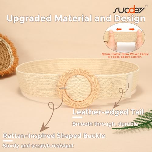 SUOSDEY Straw Woven stretchy Waist Belt for Women Dresses,Wide Boho Braided Elastic Belt with Round Buckle - color: 05-beige, size: Fits waist from 24"-27"