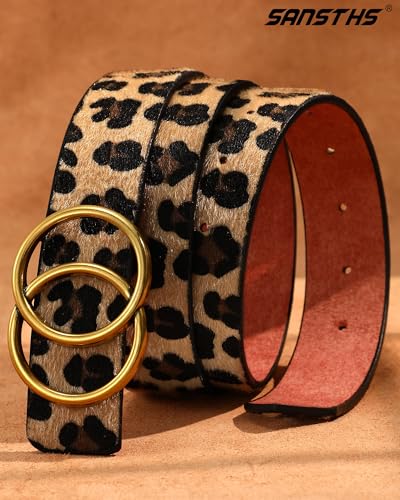 SANSTHS Womens Leather Belt for Jeans Pants Fashion Waist Belts Gold Silver Double Ring Buckle - color: A-leopard Belt-removable Buckle, size: Fits Waist 47-51 inch