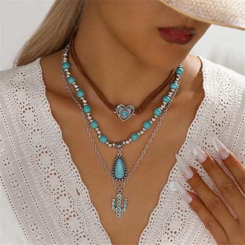 Western Jewelry Set for Women Bohemian Turquoise Layered Pendant Necklace Vintage Western Boho Turquoise Earring Leather Bracelet Ring Set Country Cowgirl Accessories Jewelry - style: 16 PCS Western Jewelry
