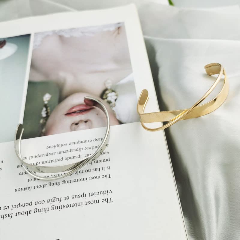 Pingyongchang 2 Pcs Cuff Bangle Bracelet for Women Open Wide Wire Bracelets Set Gold Wrist Cuff Wrap Bracelet Adjustable Classic Bohemia Birthday Gift - color: E