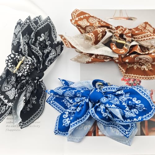 3 Pack Extra Large Boho Paisley Bandana Bow Knot Claw Clips Non Slip Hair Claws for Thick Hair Fashion Hair Accessories Gift for Women Teen Girls - color: Blue + Brown + Black
