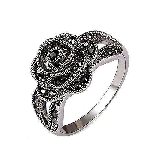 Women's Black Rings Vintage Rings Statement Rings for Women Band Marcasite Crystal Rings for Women - color: Siler3