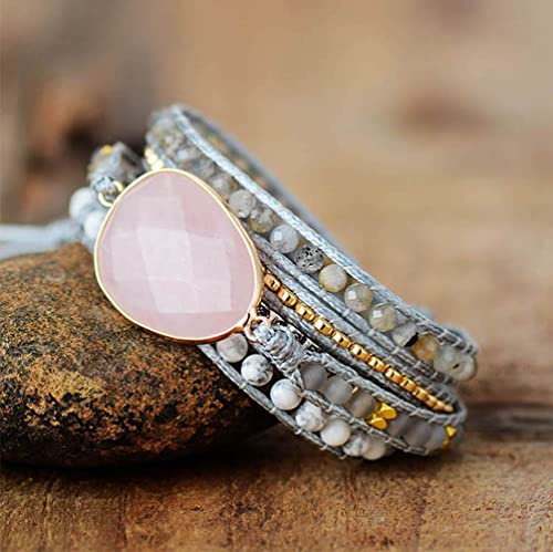 Women Wrap Bracelet Boho Natural Jasper Crystal Stone Beads Strand Bracelets - color: Pink Quartz