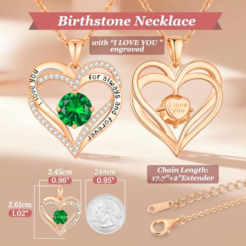 CDE Engraved Forever Love Heart Birthstone Necklace Jewelry Gifts for Women | Hypoallergenic,Nickel-Free & Lead-Free,3 x 3 mm 5A CZ Heart Pendant,Anniversary Christmas Birthday Gift for Girlfriend Wife - color: Birthstone-05-May, style: Rose Gold Plated-B