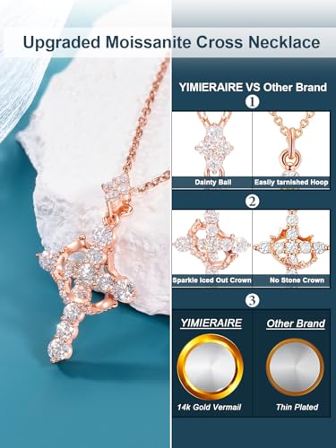 YIMERAIRE Upgraded Moissanite Crown Cross Necklace 14K Gold Vermeil 1.1 Carats Dainty Iced Out Easter Basket Stuffer Cross Jewelry S925 Sterling Silver Simple Gold Christian Faith Moissanite Cross Pendant Necklace For Women - color: Rose Gold