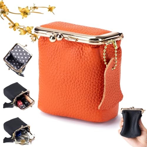 Genuine Leather Mini Jewelry Box, Portable Genuine Leather Mini Coin Jewelry Purse, Vintage Travel Jewelry Case Organizer with Kiss Lock, for Earring, Ring, Necklace Coin or Lipstick(Orange) - color: Orange