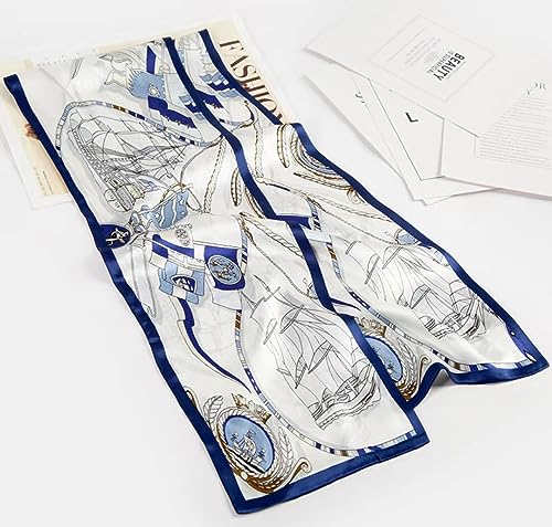ANDANTINO 100% Silk Scarf for Women 59”*6.3” Long Shawls for Headscarf and Neck- Oblong Hair Wraps with Gift Packed - color: White&blue -Nautical