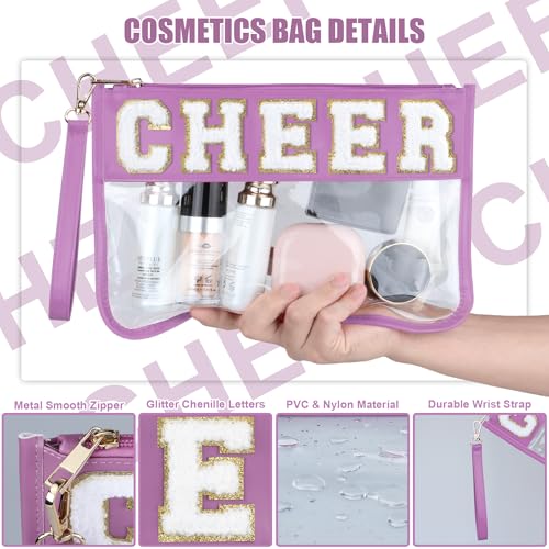 BuyCard Cheer Chenille Letter Bags Clear Makeup Bag, Cheerleader Gift Cosmetic Bag, Varsity Preppy Patch Flat Pouch Cheer Accessories, Waterproof PVC Organizer Toiletry Bag for Women Girls Purple - color: Purple-Cheer