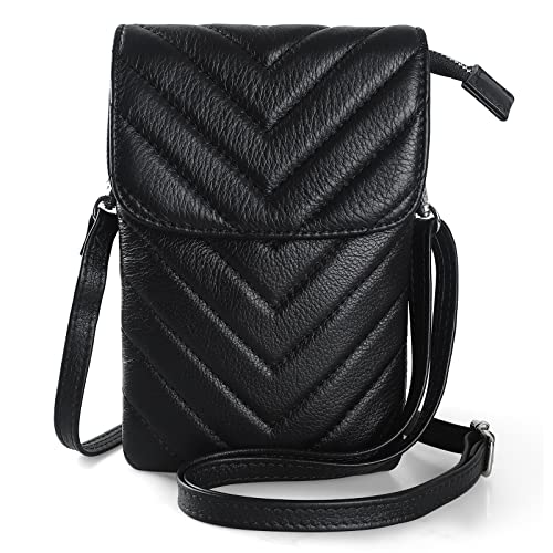 befen Genuine Leather Small Crossbody Bags for Women Cell Phone Bag Cross Body Purses,Silver Zipper - color: Chevron Quilted Black