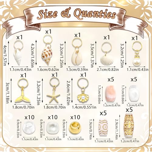 NAISKA 58PCS Seashell Hair Jewelry for Braids Gold Starfish Loc Charms Vintage Hair Beads Dreadlock Long Tube Beads for Hair Pearl Braid Pendent 15 Styles Braids Accessories for Women Girls - color: Pink&White&Gold