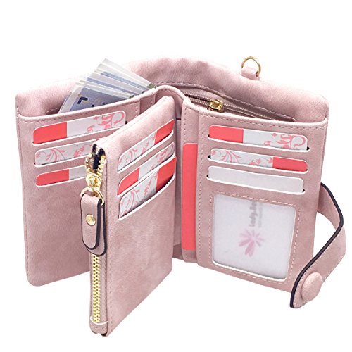 AOXONEL Women's Small Bifold Leather wallet Rfid blocking Ladies Wristlet with Card holder id window Coin Purse - color: Pink