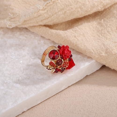 Jumwrit Shiny Crystal Flower Ring Statement Adjustable Open Band Wrap Finger Ring Square Rhinestone Floral Cocktail Ring Party Bridal Wedding Jewelry Vintage Boho Knuckle Ring for Women - color: Red