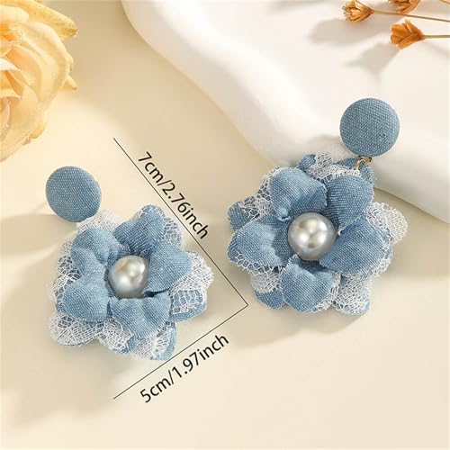 coadipress Boho Denim Camellia Flower Dangle Earrings for Women Exaggerated Big Layered Tiered Blossom Floral Drop Long Earring Chic Statement Earrings Wedding Bridal Jewelry Gifts - style: Pearl Flower