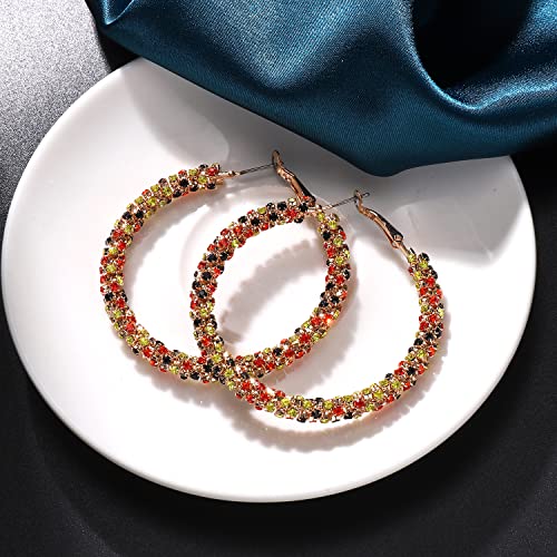 Rhinestone Hoop Earring for Women Sparkly Crystal Wrapped Hoop Dangle Earrings Statement Boho Gold Black Plated CZ Hoop Earring - color: Halloween Colors