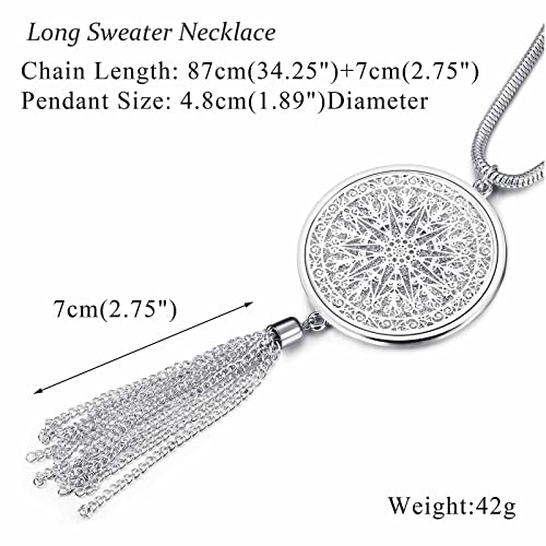 Jstyle 6Pcs Long Pendant Necklaces for Women Long Sweater Necklaces Silver Flower Tassel Disk Circle Leaf Statement Sweater Chain Necklace for Women Y Necklace Set Fashion Jewelry - style: Fashion Style