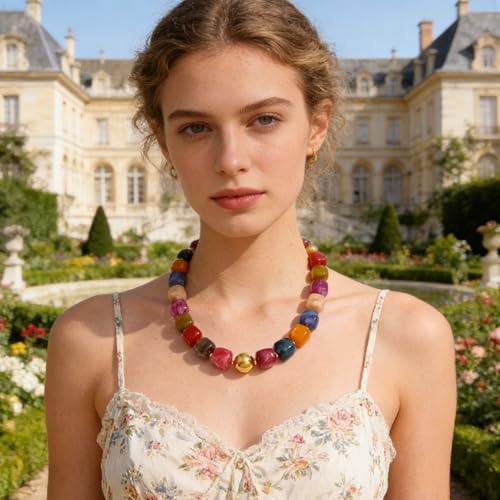 Colorful Beaded Choker Necklace for Women Boho Large Square Acrylic Beaded Necklace Adjustable Surfer Beach Strand Necklces Summer Jewelry Accessories - color: Mixed color