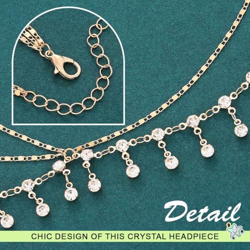 JEAIRTS Boho Rhinestone Head Chain Gold Crystal Forehead Headpiece Bridal Festival Hair Jewelry for Women