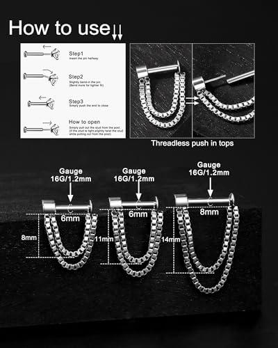 Jewseen 16G Threadless Septum Ring Dangle Chain Cartilage Earring Stud Surgical Steel Hidden Helix Jewelry Chain Helix Conch Earrings for Women Men