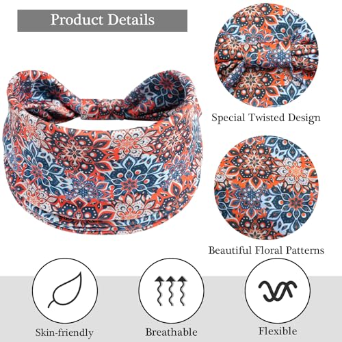 Boho Headbands for Women Vintage Flora Printed Stretchy Hair Bands Elastic Non-slip Twisted Knots Headwrap Headband Workout Yoga Hair Styling Accessories (Pack of 3) - color: Mixed