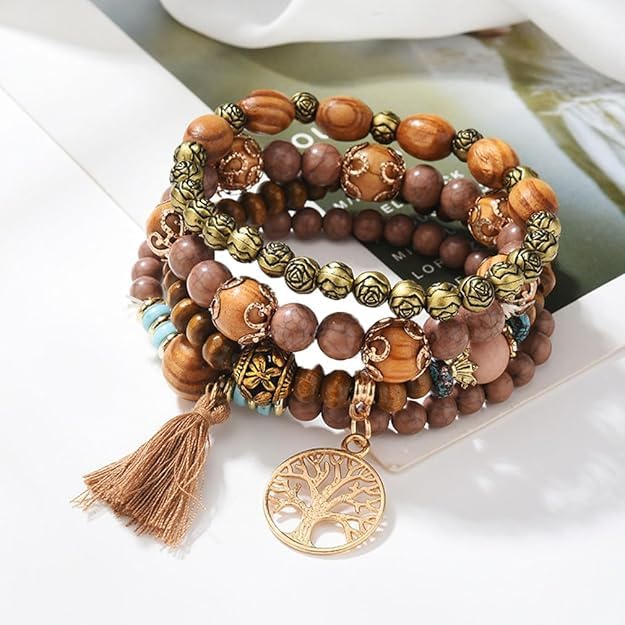 Nyx&lvy Pink Crystal Beaded Stretch Bracelet Set with Gold Heart Charm, Multi-Strand Fashion Jewelry for Women - style: brown