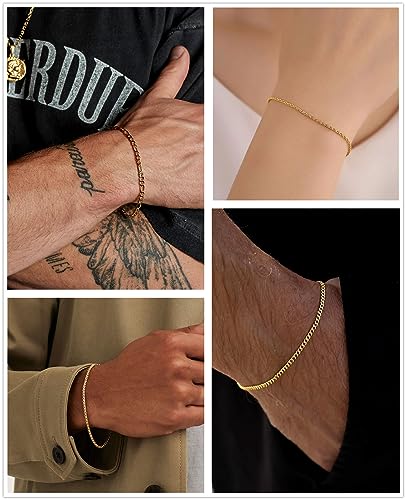 Honsny 6PCS Stainless Steel Bracelets for Women Men,14K Gold Plated Cuban Link Paperclip Chain Bracelet Dainty 6.3/7/7.8/9.5 Inch Stainless Steel Bracelet Set Fashion Jewelry - color: Gold, size: 7.8 Inches