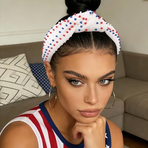 YISSION 4th of July Red White Blue Beaded Knotted Wide Headband for Adults - Patriotic Festival Hair Accessory for Independence Day Parades & Celebrations - color: Red,Blue,White