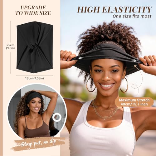 Awumbuk Wide Headbands for Women, 7.08 Inch Thick Boho Turban Style Hair Wraps, Non-Slip Moisture-Wicking Workout Headband for Sports, Yoga, Daily Fashion, 8 Pack Multi Colors (black) - color: pure black