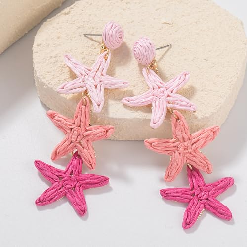 Boho Raffia Earrings Starfish Shell Seashell Dangle Drop Earrings Cute Statemnet Trendy Jewelry Summer Beach Outfits for Women - color: Pink, size: Seastar
