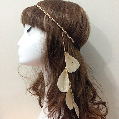 Fodattm Women Lady Bohemian Tassels Hairband Headwear Hippie Feather Headband Hoop Handmade Indian Fascinator Hair Bands Headdress Accessories (khaki) - color: khaki