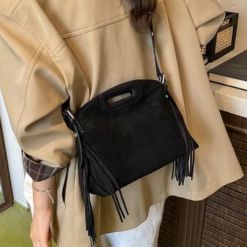Women's Suede Fringe Crossbody Bag, Retro Hollow Handle Shoulder Purse, Novelty Fashion Tassels Bucket Bag Handbag - color: Black