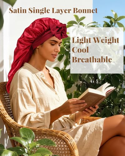 AWAYTR Long Satin Bonnet for Braids - Elastic Silk Hair Bonnets for Sleeping Night Cap Stretchy Tie Band for Women（Wine Red） - color: Wine Red