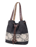 Women Printing Canvas Shoulder Bag Casual Handbags Purse Retro Tote - color: Black