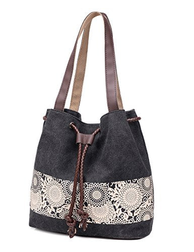 Women Printing Canvas Shoulder Bag Casual Handbags Purse Retro Tote - color: Black