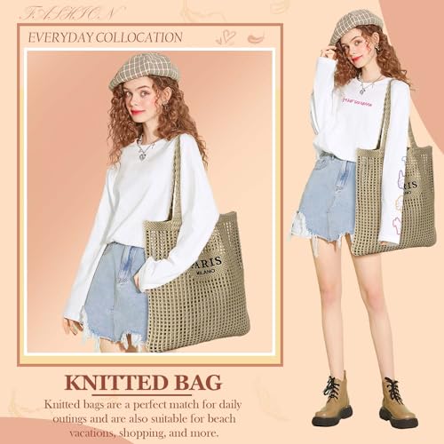 Ayieyill Crochet Tote Bag For Women, Crochet Mesh Beach Tote Bag Summer Vacation Aesthetic Boho Knit Bag for Women - color: G/Khaki