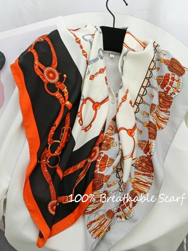 100% Mulberry Silk Scarf for Women Hair Lightweight Square Neckerchief Wrap For Head Scarves 21" - color: 10-orange Chain Clasp /21"*21"