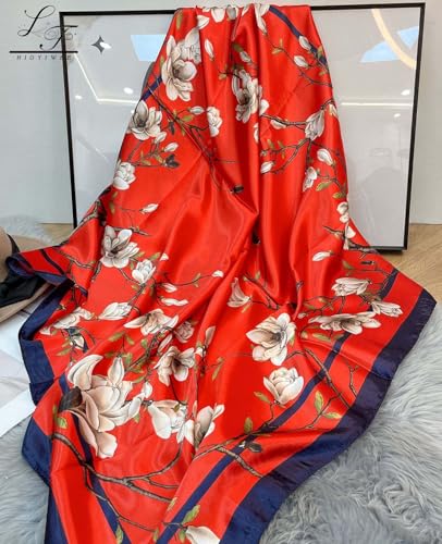 Hioyiwse Head Scarf For Women Hair Bandana 35" Large Square Satin Wrap Sleeping Neck Silk Satin Hair Scarves Lightweight - color: F23-white Flowers on Red Background(35*35inch）