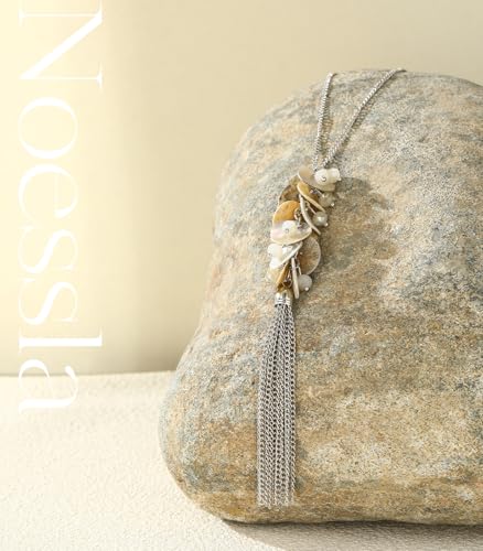 Noessla Boho Long Pendant Necklaces for Women Silver Tassel Long Necklace Sweater Chain Mothers Day Gifts Silver Costume Jewelry for Women - color: 81-Natural